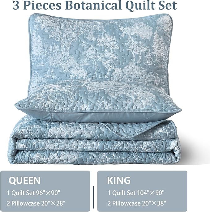 WONGS BEDDING Botanical Quilt Set King Size, Aqua 3 Pieces Toile Floral Plants Printed Bedspread Bedding Set Soft Lightweight Microfiber Coverlet Set for All Season (104"x90")