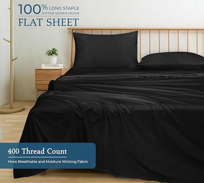 Royale Linen 400 Thread Count 100% American Grown Cotton Flat Sheet - Cooling Sheets - King Sheets - Luxury Sateen Weave - King Flat Sheet Sold Separately - Black Flat Sheet Only (King, Night Black)