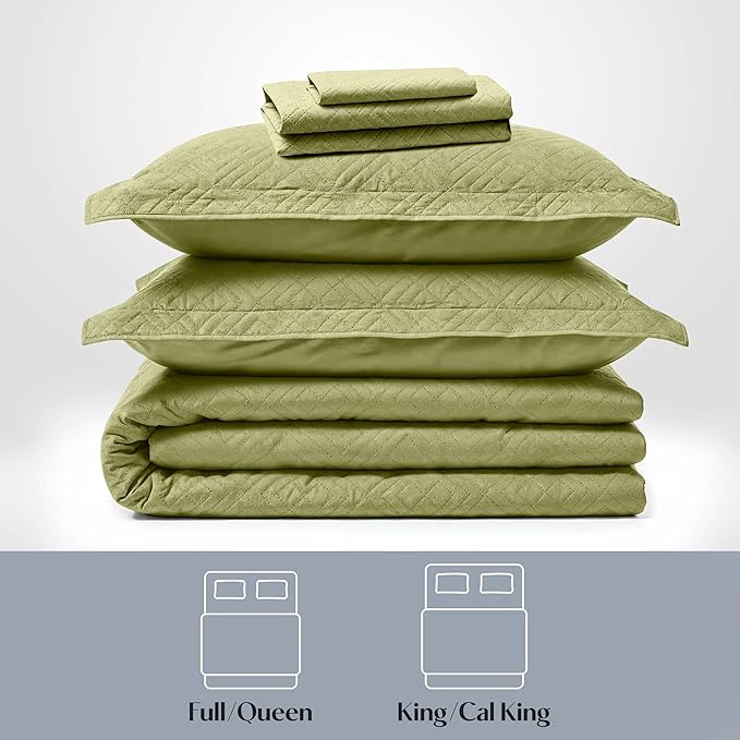 Hearth & Harbor Queen Quilt Set – All-Season Lightweight Bedspread & Coverlet with Pinsonic Weave - 7 Piece Queen Quilt Set with Pillow Shams, Olive Green - Queen Diamond
