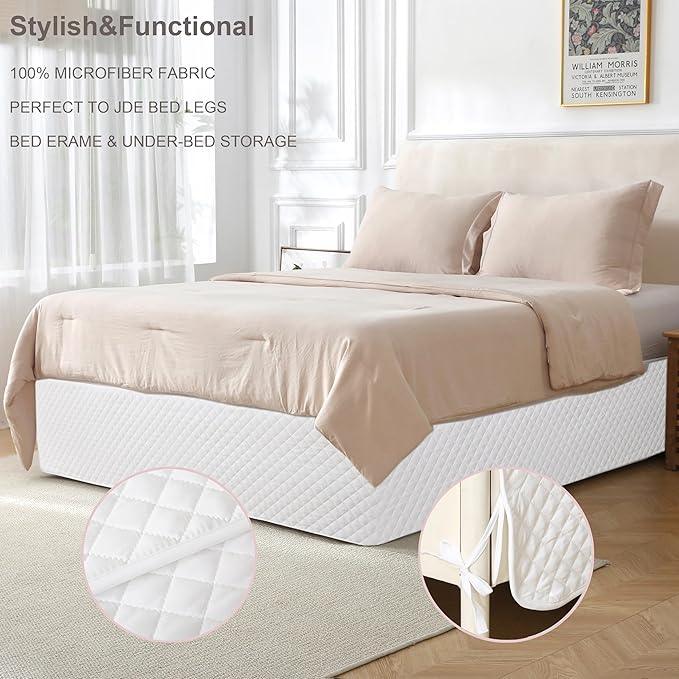 King Size White Bed Skirt with 14-Inch Drop, Easy Fit Wrap-Around Cover for Bed, Wrinkle-Free and Fade-Resistant Box Spring Cover.(White Grid, King)