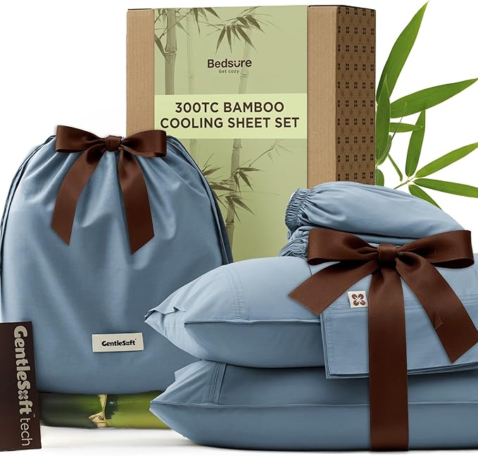 Bedsure Cooling Sheets, Rayon Derived from Bamboo & Cotton Blend, GentleSoft, Breathable, Queen Sheet Set, Deep Pocket Up to 18 Inches, Hotel Luxury Bedding for Hot Sleepers, Dusty Blue