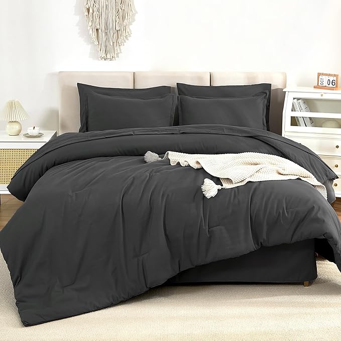 Litanika Comforter Full Size Set Dark Grey - 7 Pieces Bed in a Bag Full Bedding Comforter Sets, Plain Lightweight Bed Set with Comforter, Sheets, Pillowcases & Shams