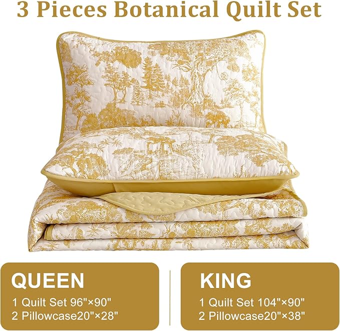 WONGS BEDDING Botanical Quilt Set Queen Size, Yellow 3 Pieces Toile Floral Plants Printed Bedspread Bedding Set Soft Lightweight Microfiber Coverlet Set for All Season (96"x90")