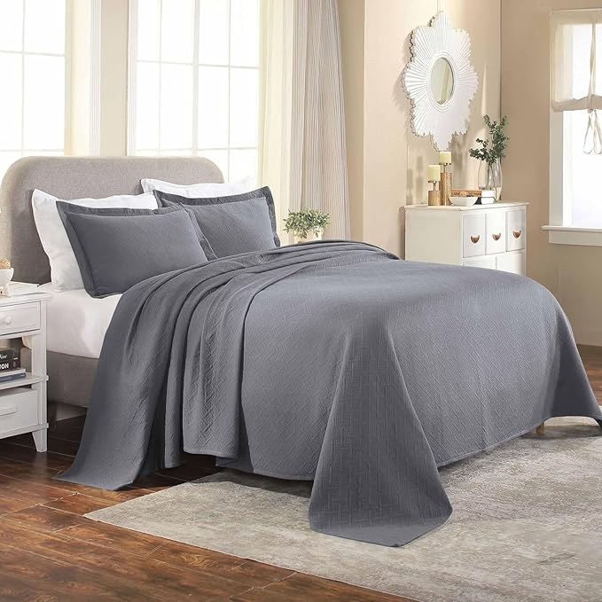 Superior 2 Piece Basketweave Cotton Bedspread Set, Home Bed Decor, Decorative Bed Spread, 1 Pillow Sham, Medium Weight Blanket, Matelasse Coverlet Bedding, Geometric Lattice Pattern, Twin, Grey
