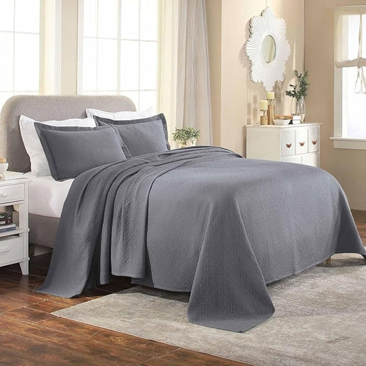 Superior 2 Piece Basketweave Cotton Bedspread Set, Home Bed Decor, Decorative Bed Spread, 1 Pillow Sham, Medium Weight Blanket, Matelasse Coverlet Bedding, Geometric Lattice Pattern, Twin, Grey