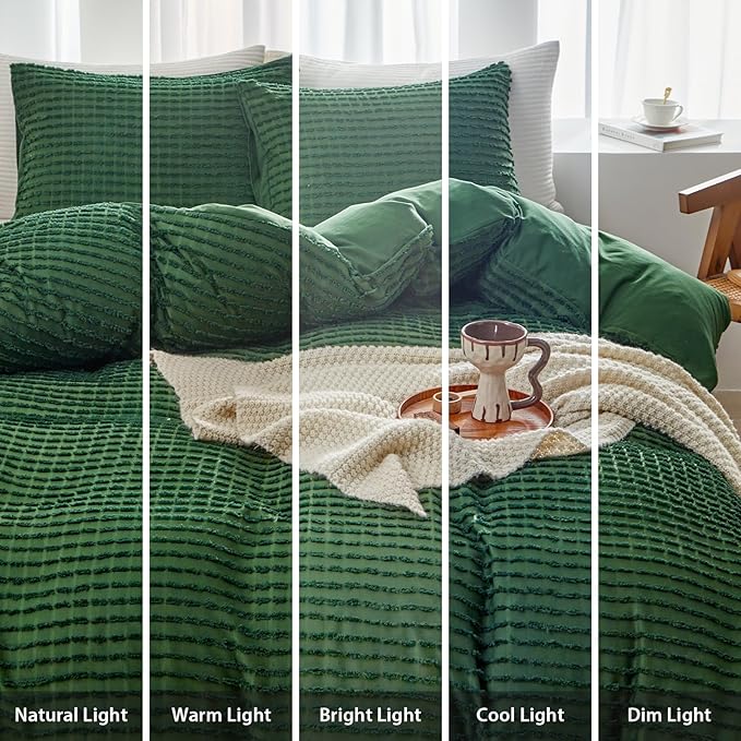 WARMDERN Boho Duvet Cover Set King Size,Forest Green Striped Duvet Cover Microfiber Bedding Set,3PCS Ultra Soft Breathable Lightweight Tuft Texture Duvet Covers with Zipper Closure(Forest Green,King)