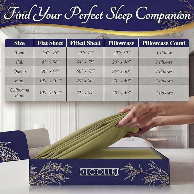 DECOLURE 100% Viscose Derived from Bamboo Sheets Full Size - Luxury 4 Pc Naturally Cooling Sheets, Ultra Soft Bed Set - Deep 17" Pockets, Durable Double Stitching, Oeko Tex Standard (Light Olive)