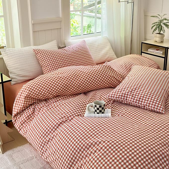 LifeTB Gingham Comforter Set Full Modern Style Red Orange Grid Plaid Comforter Soft Fluffy 3 Pieces Checkered Pattern Comforter Set Farmhouse Orange Gingham Bedding Comforter with 2 Pillowcases