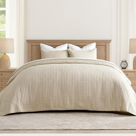 EVERGRACEHOME Cross Stitch Pre-Washed Cotton Quilt Bedding Set King Size, Oversized 3 Pieces Lightweight Bedspread Coverlet for All Season, with 2 Matching Shams, Flax Beige,118"x106"