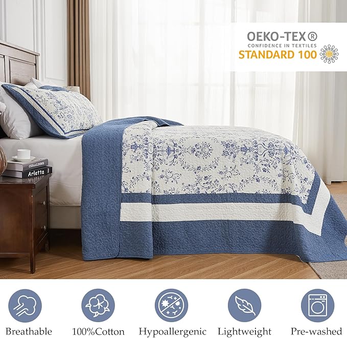 Oversized California King Bedspread - 100% Cotton Lightweight Quilted Coverlet - Soft Reversible Bedding, Medallion Floral Design - Includes 1 Bedspread (128x120)+2 Pillow Shams Blue/White