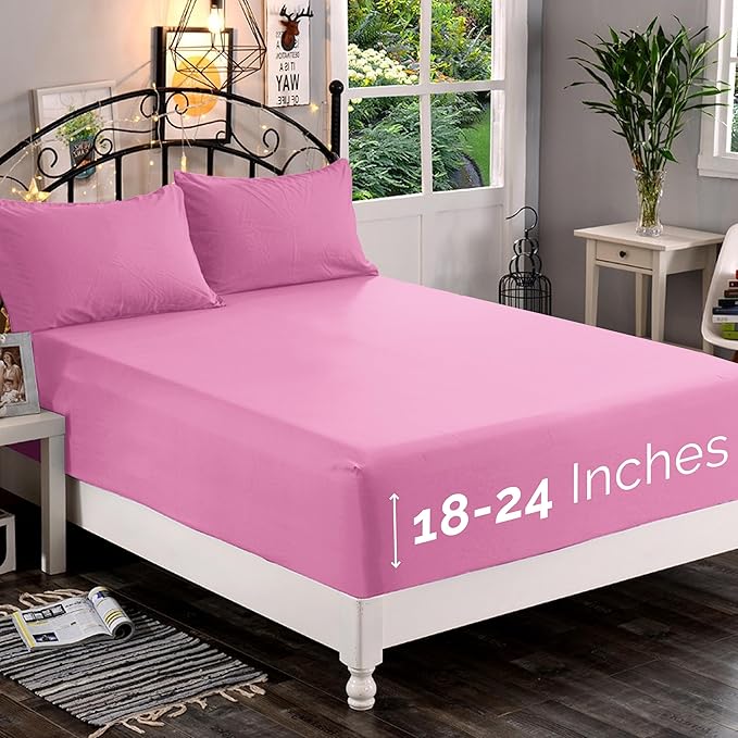 Elegant Comfort 1500 Premium Quality Fitted Sheet Ultra Soft 18-24 Inch Extra Deep Pocket - Single Fitted Sheet for High Mattress - Wrinkle Free with Smart Storage Pockets, King, Light Pink