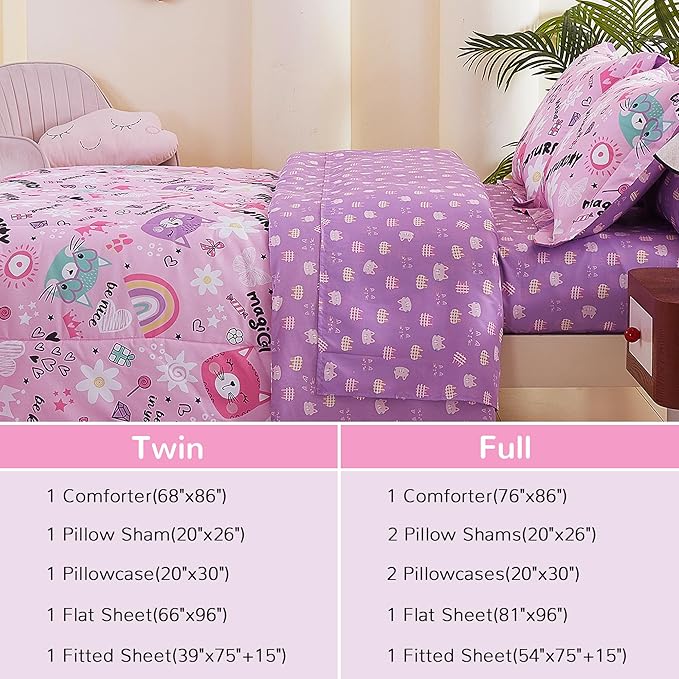 Viviland Kids Full Bedding Sets for Girls, Soft Full Comforter Set with Sheets, 7 Pieces Microfiber Bed in a Bag, Pink Cat Kitty