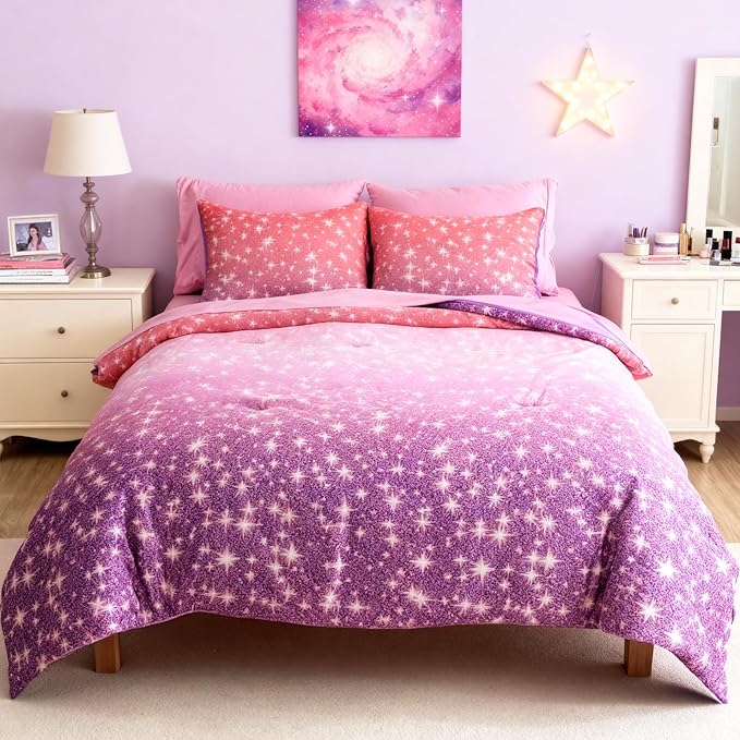 Full Comforter Set for Girls Kids - 7 Pieces Purple Galaxy Full Size Bedding Sets for Kids, Soft Cozy Bed in A Bag with Sheets