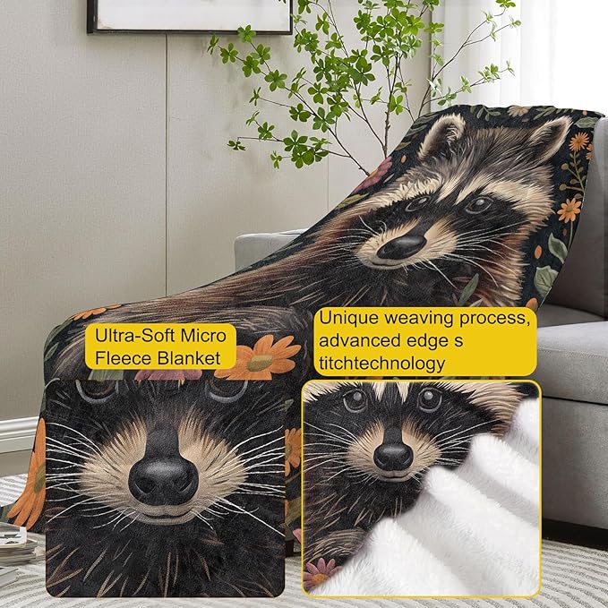 Raccoon Floral Flannel Blanket, Wildlife and Botanical Soft Lightweight Throw Blankets Gifts for Women,60" x 80" Perfect for Couch Bed Home Travel Decor