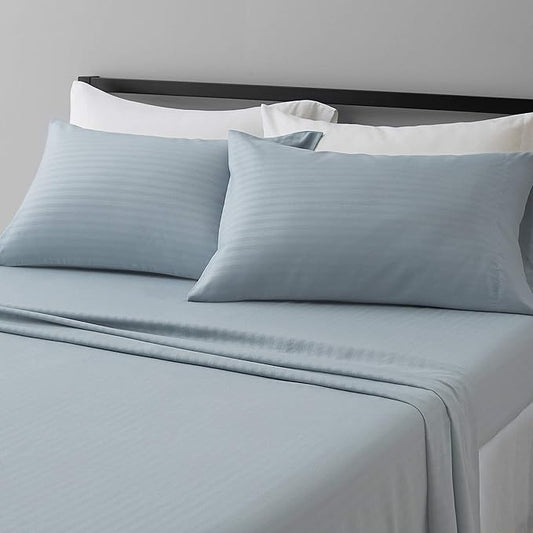 Amazon Basics Soft, Breathable, Wrinkle-Free Brushed Microfiber 4-Piece Bed Sheet Set, Machine Washable, Queen Size, Spa Blue Striped