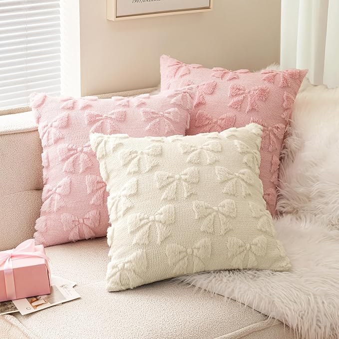 MIULEE Cream White Bow Pillow Covers Coquette Room Decor Aesthetic Set of 2 Decorative Cute Girl Vlentine Pillow Covers Spring Soft Plush Faux Pillowcase for Preppy Room Decor Bedroom Couch,18x18 Inch