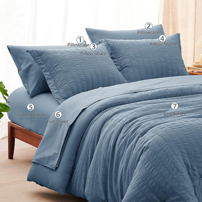 CozyLux Grayish Blue Queen Comforter Set Seersucker 7 Pieces Dusty Blue Bed in a Bag Queen Comforter Set with Sheets, Luxury Bedding Set with Down Alternative Comforter, Sheets, Pillowcases & Shams