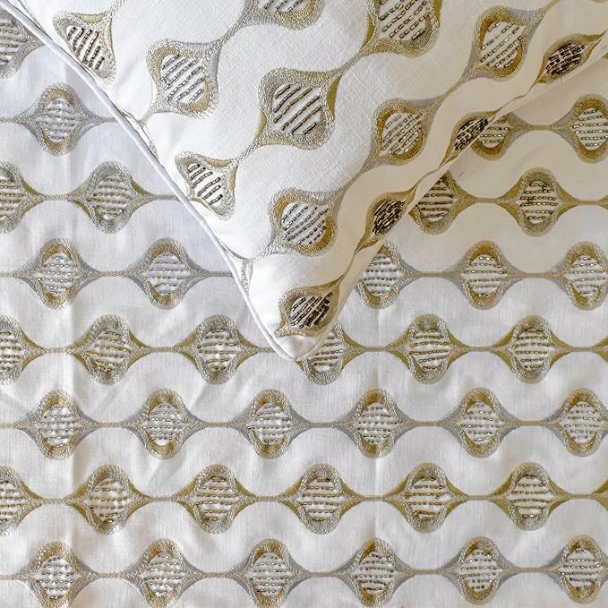 Mahsa Decorative Bed Runner - Beige, 86"x18", Embroidery, Geometric, Beaded Hand Embroidery on Linen Fabric - King/Queen/Twin