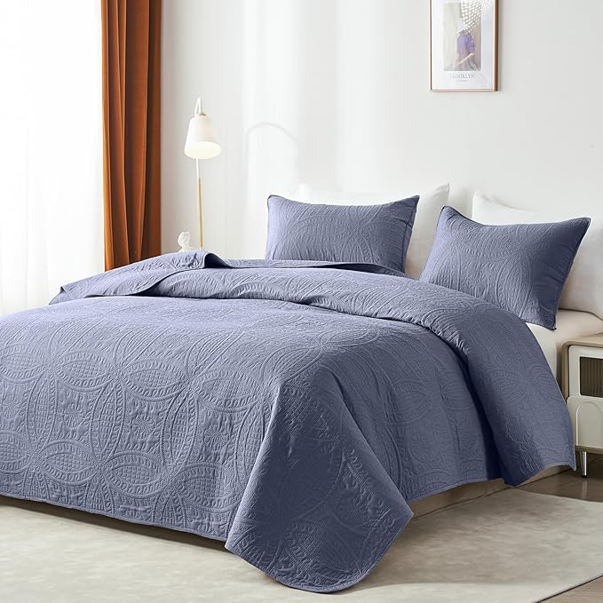 akkialla Quilts Queen Size,Bluish Grey Ultrasonic Full/Queen Quilt Set,Lightweight Soft Bedspread Coverlet,Modern Style Coin Pattern Bed Cover for All Seasons,3 Piece(1 Quilt,2 Pillow Shams)