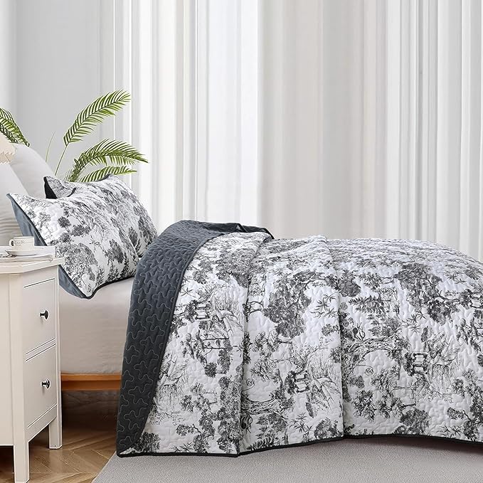 WONGS BEDDING Botanical Quilt Set Queen Size, Black 3 Pieces Toile Floral Plants Printed Bedspread Bedding Set Soft Lightweight Microfiber Coverlet Set for All Season (96"x90")