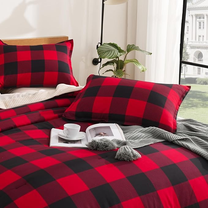 Andency Red and Black Plaid Comforter Set Queen(90x90Inch), 3 Pieces Buffalo Plaid Checkered Gingham Bedding Comforter Sets, Soft Burgundy Lightweight Geometric Down Alternative Bed Set