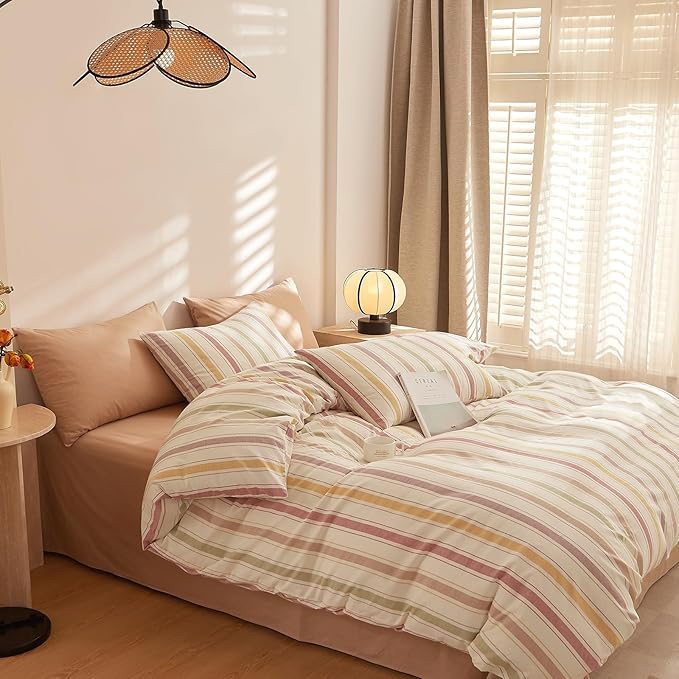 mixinni Vintage Striped Duvet Cover Set Twin, 3-Piece Washed Cotton Bedding Set - Soft, Breathable & Colorful Marble Stripe Pattern, All-Season Comforter Cover with Zipper-Twin Size