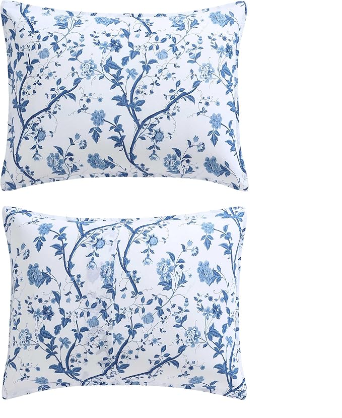Laura Ashley - King Comforter Set, Reversible Cotton Bedding, Includes Matching Shams with Bonus Euro Shams & Throw Pills (Elise Blue, King)