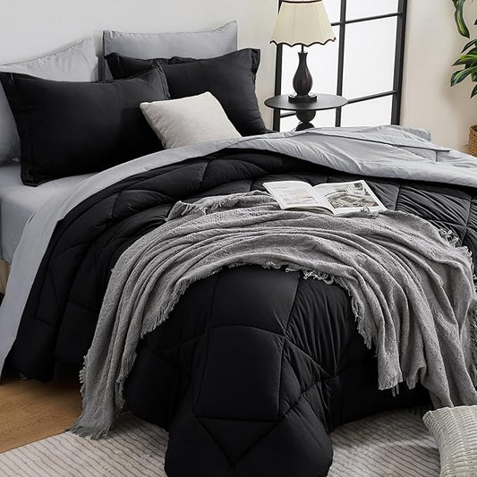HEVUMYI Oversized Queen Comforter Set - 7-Piece All Season Bed in a Bag Oversized Queen, Ultra Soft Bedding Set with Comforter, Flat Sheet, Fitted Sheet, Pillowcases, Pillow Shams, Black & Light Grey