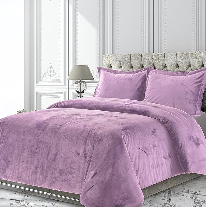 Lilac 3 Pieces Velvet Comforter Set Emperor King Size (Comforter + 2 Pillowcases) Crinkle Crushed 400 GSM