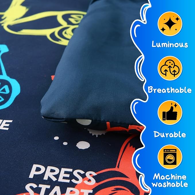 Glow in The Dark Kids Comforter Set, 5 Pieces Gamepad Bedding Set Twin Size for Boys Girls Teen, 1 Comforter, 1 Pillowcase, 2 Pillow Shams