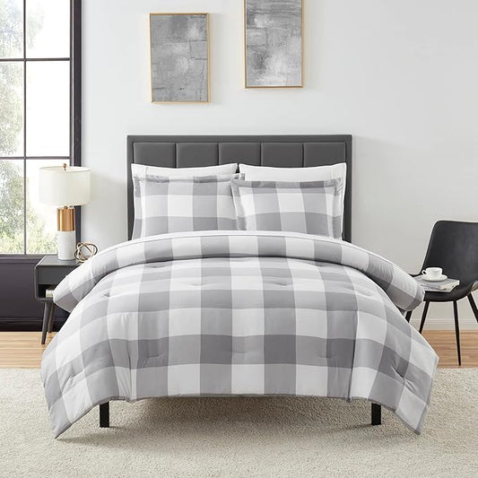 7 Piece Comforter Set Bag Solid Color All Season Soft Down Alternative Blanket & Luxurious Microfiber Bed Sheets, King, Checkered Box
