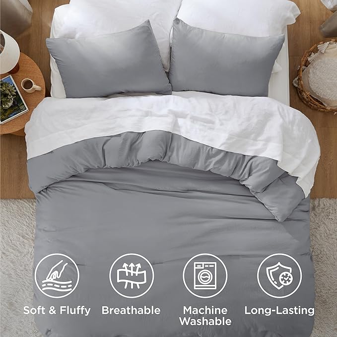 Bedsure Super King Plus Comforter Set, Grey Soft Prewashed Bedding for All Seasons, 3 Pieces GentleSoft™ Bed Set, 1 Lightweight Comforter (128"x120") and 2 Pillowcases (20"x36")