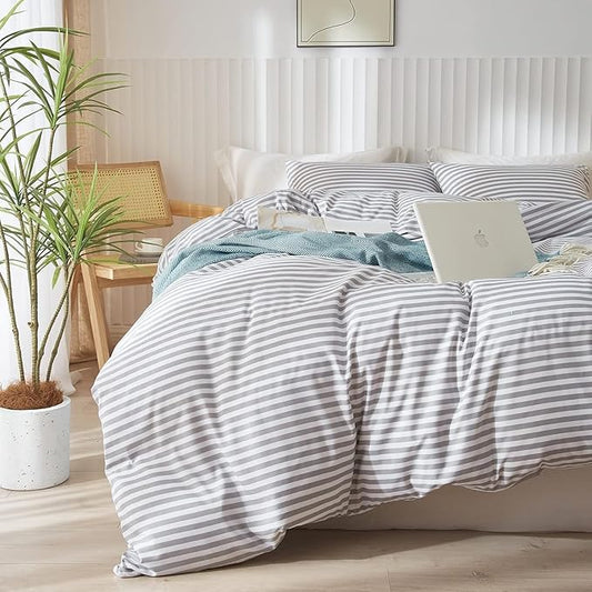 LifeTB Grey Striped Comforter Set Full Modern Style Stripes Pattern Comforter for Men Boy Teen Geometric Grey White Stripe Printed Boho Bedding Comforter for All Season Fluffy Soft Full Comforter Set