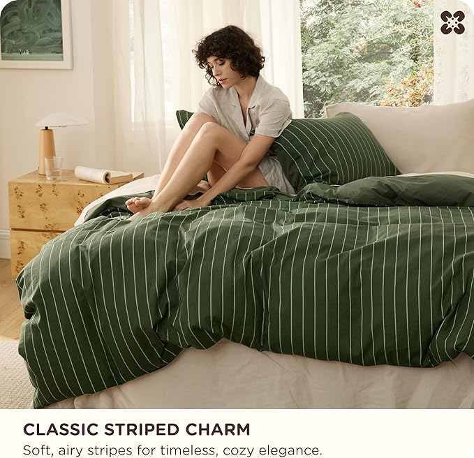 Bedsure Striped Duvet Cover Queen Size,100% Washed Cotton Duvet Cover Linen Like Textured, Classic Striped Pattern Enhances Bedroom Comfort and Style, Stripes Olive Green, 90"x90"