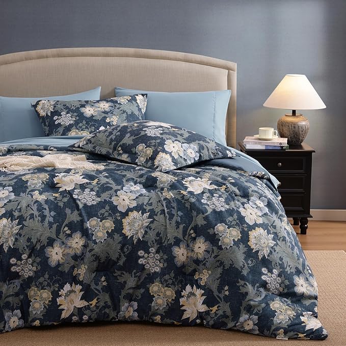 Full Comforter Set -7 Pieces Floral Antique Blue Comforter Set for All Seasons, Bed in a Bag Full with Botanical Flowers Comforter, Sheets, Pillowcases & Shams