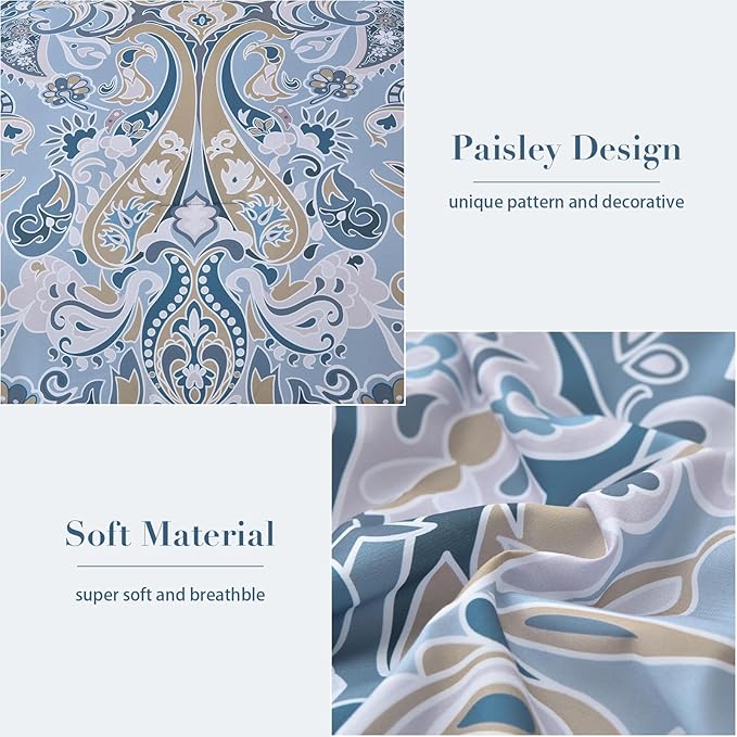 Drucon Blue Paisley Comforter Set Queen, 7 Pieces Bed in a Bag Boho Comforter Soft Microfiber Blue Paisley Bedding(1 Comforter, 1 Flat Sheet, 1 Fitted Sheet, 2 Pillow Shams, 2 Pillowcases)