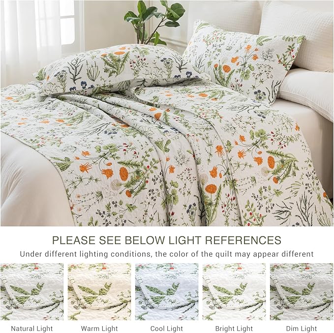 QSH 100% Cotton Floral Quilt Oversized King Set (118"x106")-3Pcs Yellow Flowers Leaves California King Bed Quilt Botanical Plants Pattern Printed Bedspread Coverlet Soft Lightweight Bedding Quilt Set