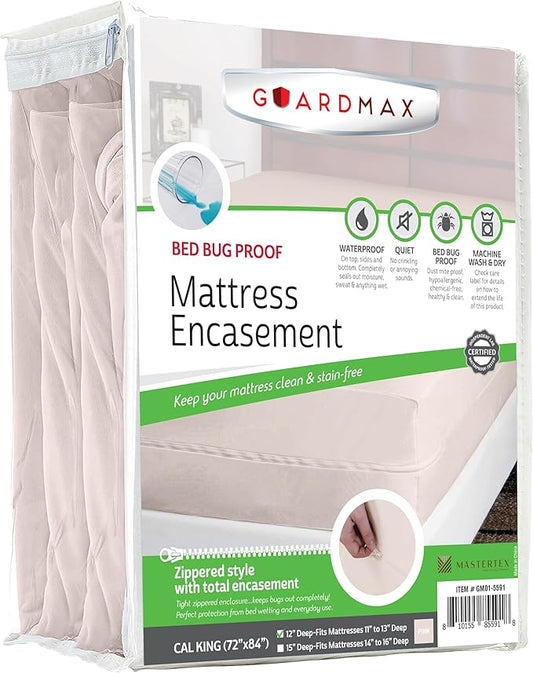 Guardmax Jersey Knitted California King Zippered Mattress Encasement - Waterproof & Bed Bug Proof Mattress Protector - Comfortable, Soft, and Noiseless Zippered Bedding - Dust Mite Proof (72x84 x12)