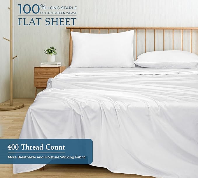 400 Thread Count 100% American Grown Cotton White Flat Sheet Only - Cooling Sheets - Luxury Sateen Weave - Full Size Flat Sheet Sold Separately - Super Soft Cotton Top Sheets (Full, Signature White)