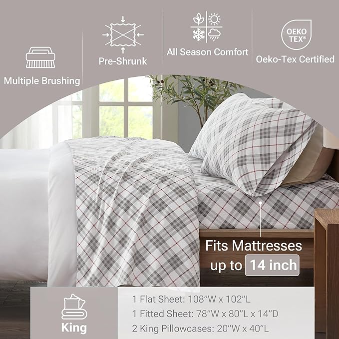 True North by Sleep Philosophy Cozy Flannel Warm 100% Cotton Sheet - Novelty Print Animals Stars Cute Ultra Soft Cold Weather Bedding Set, King, Red Plaid 4 Piece