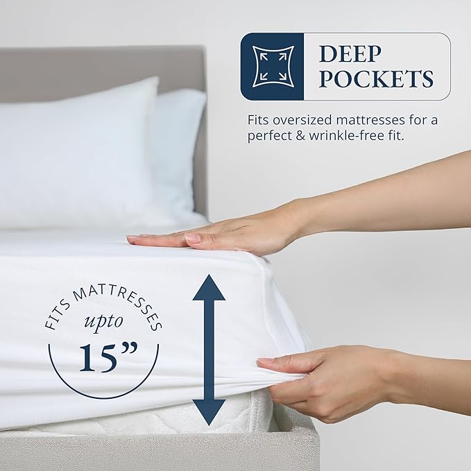 LANE LINEN Fitted Sheet Full Size, 100% Organic Cotton, 3-Piece Set (1 Fitted Sheet, 2 Pillowcases) Percale Weave, Bed Fitted Sheets, Breathable, Fits Mattress Upto 15" Deep - White (No Flat Sheet)