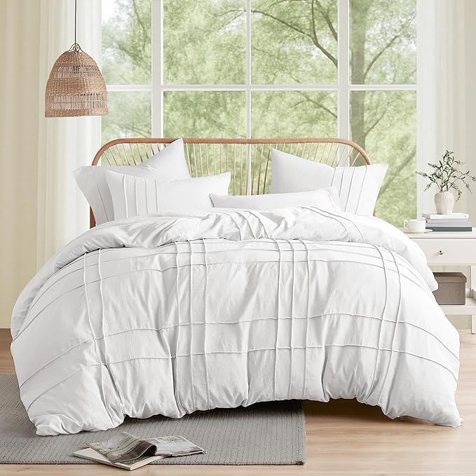 Comfort Spaces White Queen Size Duvet Cover Set - 3 Pieces Pintuck Pleated Duvet Cover Queen, All Season Lightweight, Extra Softness Pre-Washed Microfiber Queen Bedding Cover Shams, Full/Queen