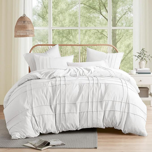 Comfort Spaces White Full Size Duvet Cover Set - 3-pc Pintuck Pleated Duvet Cover, All Season Lightweight, Extra Softness Pre-Washed Microfiber Full Bed Cover Shams, Full