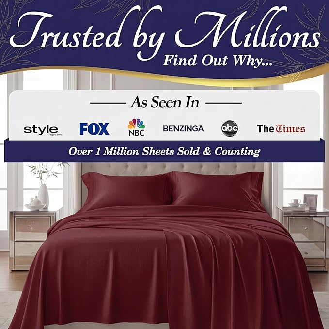 DECOLURE 100% Viscose Derived from Bamboo Sheets Twin Size - Luxury 3 Pc Naturally Cooling Sheets, Ultra Soft Bed Set - Deep 17" Pockets, Durable Double Stitching, Oeko Tex Standard (Burgundy)
