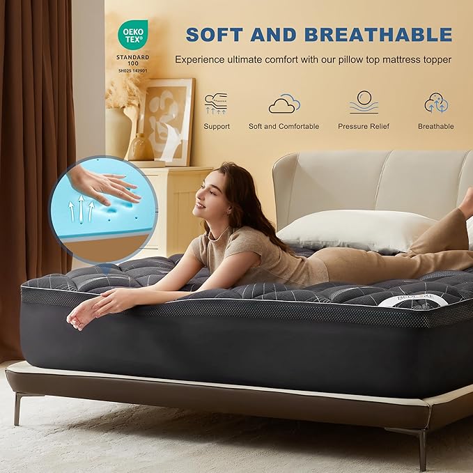 Bedlore 4-Inch Full Mattress Topper for Back Pain - Dual Layer Medium Support (2" Gel Memory Foam + 2" Cooling Fluffy Pillow Top Pad), Breathable & Pressure Relief (Gray)
