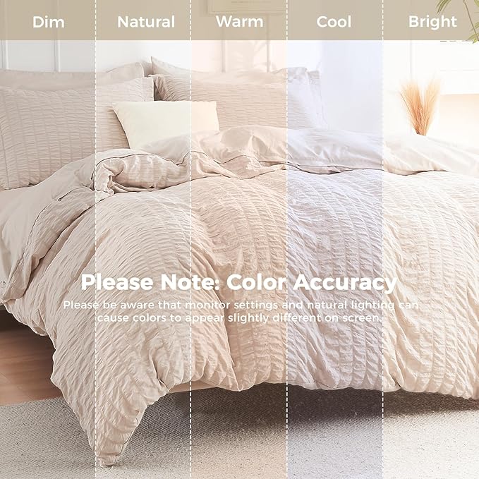 HYMOKEGE Beige King Size Comforter Set Seersucker 7 Pieces, All Season Luxury Bed in a Bag for Bedroom, Bedding Set with Comforters, Sheets, Pillowcases & Shams