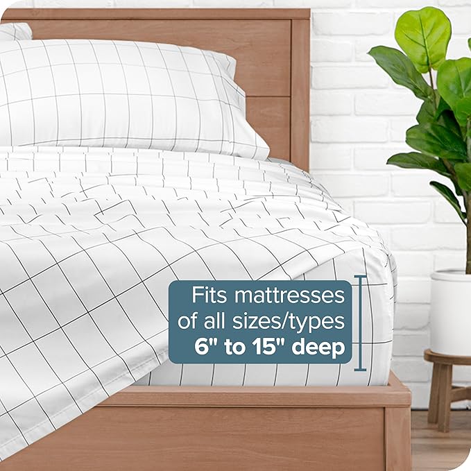 Bare Home Twin XL Sheet Set - College Dorm Size - Premium 1800 Ultra-Soft Microfiber Twin Extra Long Sheets - Double Brushed - Sheets Set - Deep Pocket - Bed Sheets (Twin XL, Grid - White/Grey)