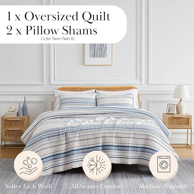 Southshore Fine Living, Inc. Twin/XL Quilt Bedding Set, Dorm Bedding Essentials, Stain Resistant, Machine Washable Striped Bedspread, Twin XL Comforter Set w/Pillow Sham, Blue Striped