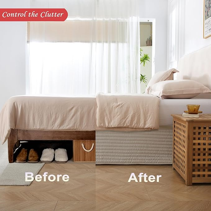 King Size Khaki Bed Skirt with 14-Inch Drop, Easy Fit Wrap-Around Cover for Bed, Wrinkle-Free and Fade-Resistant Box Spring Cover. (Linen Stripes, Queen)