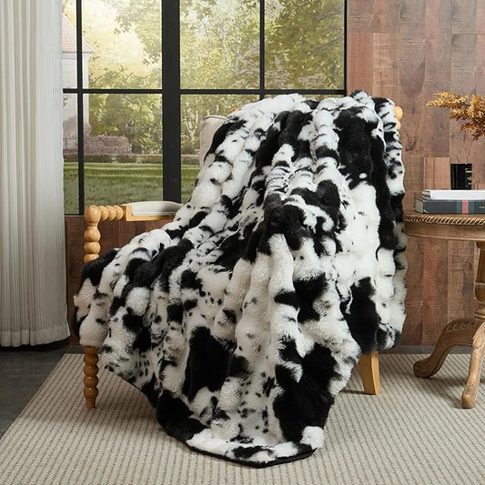 Lotus Karen Faux Fur Throw Blanket Cow Print-Black, Fluffy Fuzzy Plush Bubble Blanket for Couch, 90x90 InchesCozy Shaggy Rabbit Blanket, Luxury Decorative Gifts for Sofa Bedroom Living Room.